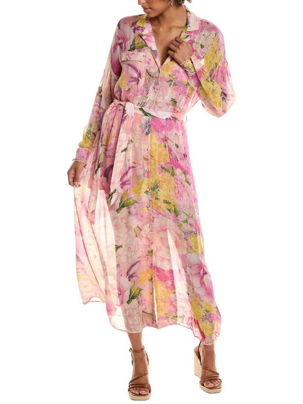 ROCOCO SAND Leona Pink Floral Metallic Striped Chiffon Maxi Shirt Dress, Size XS
